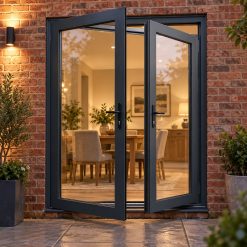 Aluminium French Door lit up in the evening