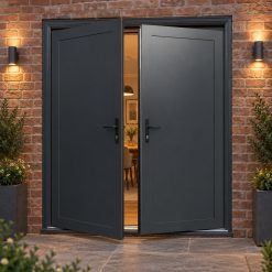 Aluminium French Door with Full Steel Panels lit up in the evening