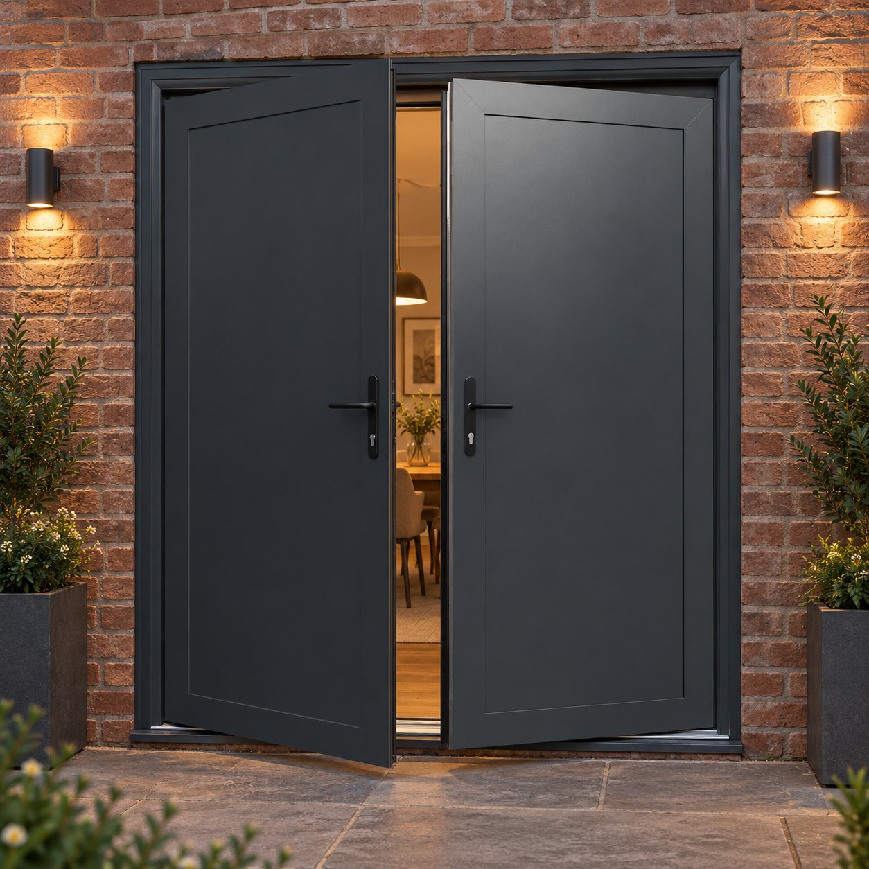 Aluminium French Door with Full Steel Panels lit up in the evening