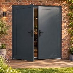 Aluminium French Door with Full Steel Panels opening onto garden decking