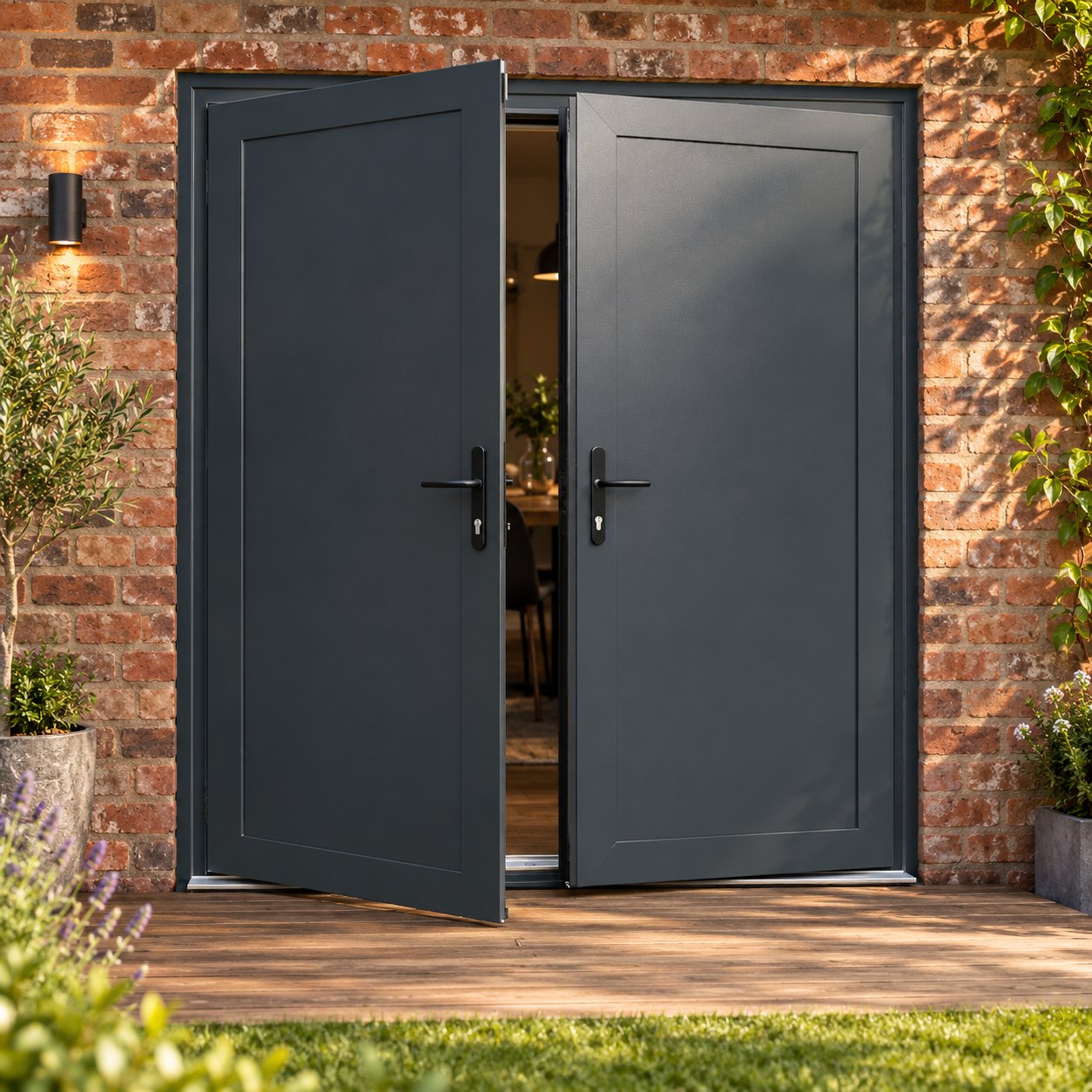 Aluminium French Door with Full Steel Panels opening onto garden decking