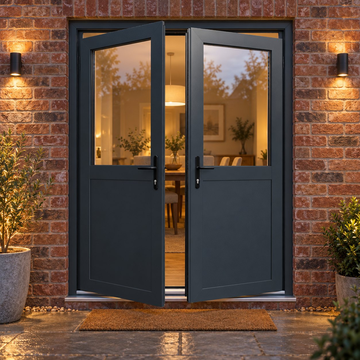 Aluminium French Door with Half Panels lit up in the evening