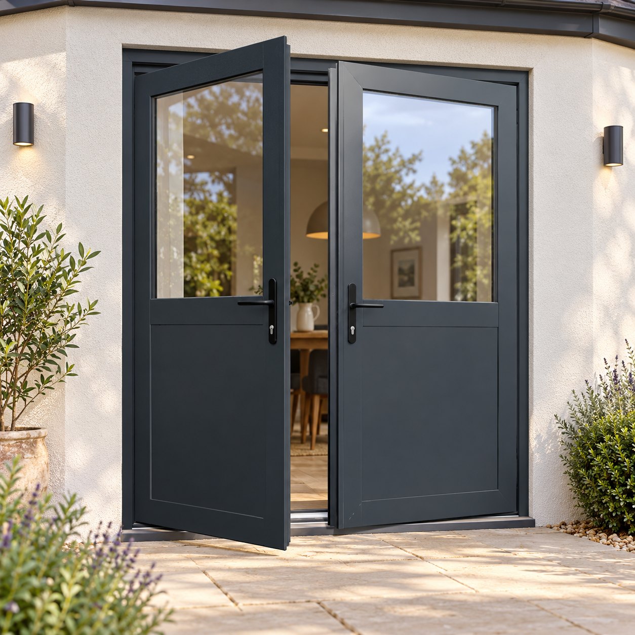 Aluminium French Door with Half Panels on a rendered house