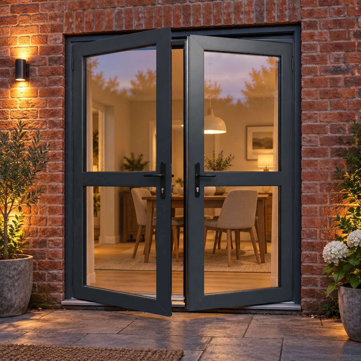 Aluminium French Door with Midrails lit up in the evening