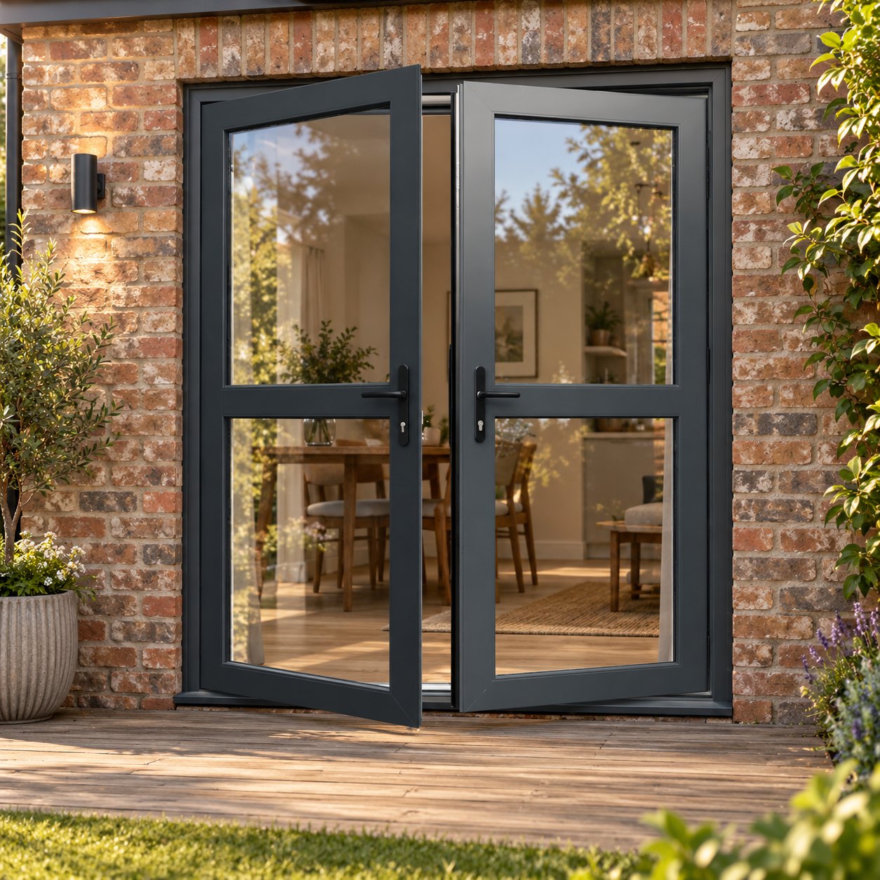 Aluminium French Door with Midrails opening onto garden decking
