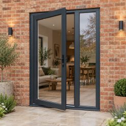Aluminium Offset French Door opening onto a brick patio