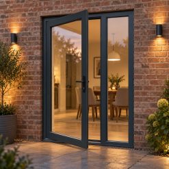 Aluminium Offset French Door lit up in the evening