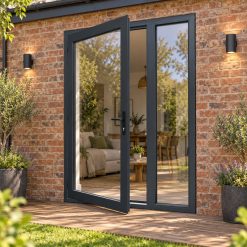 Aluminium Offset French Door opening onto garden decking