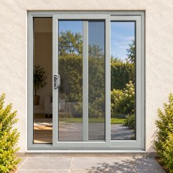 Agate Grey uPVC 2 pane sliding patio door fitted to the back of a house