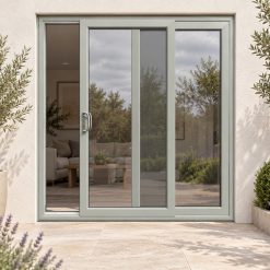 Agate Grey uPVC 2 pane sliding patio door on a house in daylight