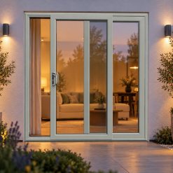 Agate Grey uPVC 2 pane sliding patio door lit up in the evening
