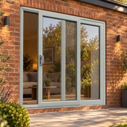 Agate Grey uPVC 2 pane sliding patio door opening onto a garden patio