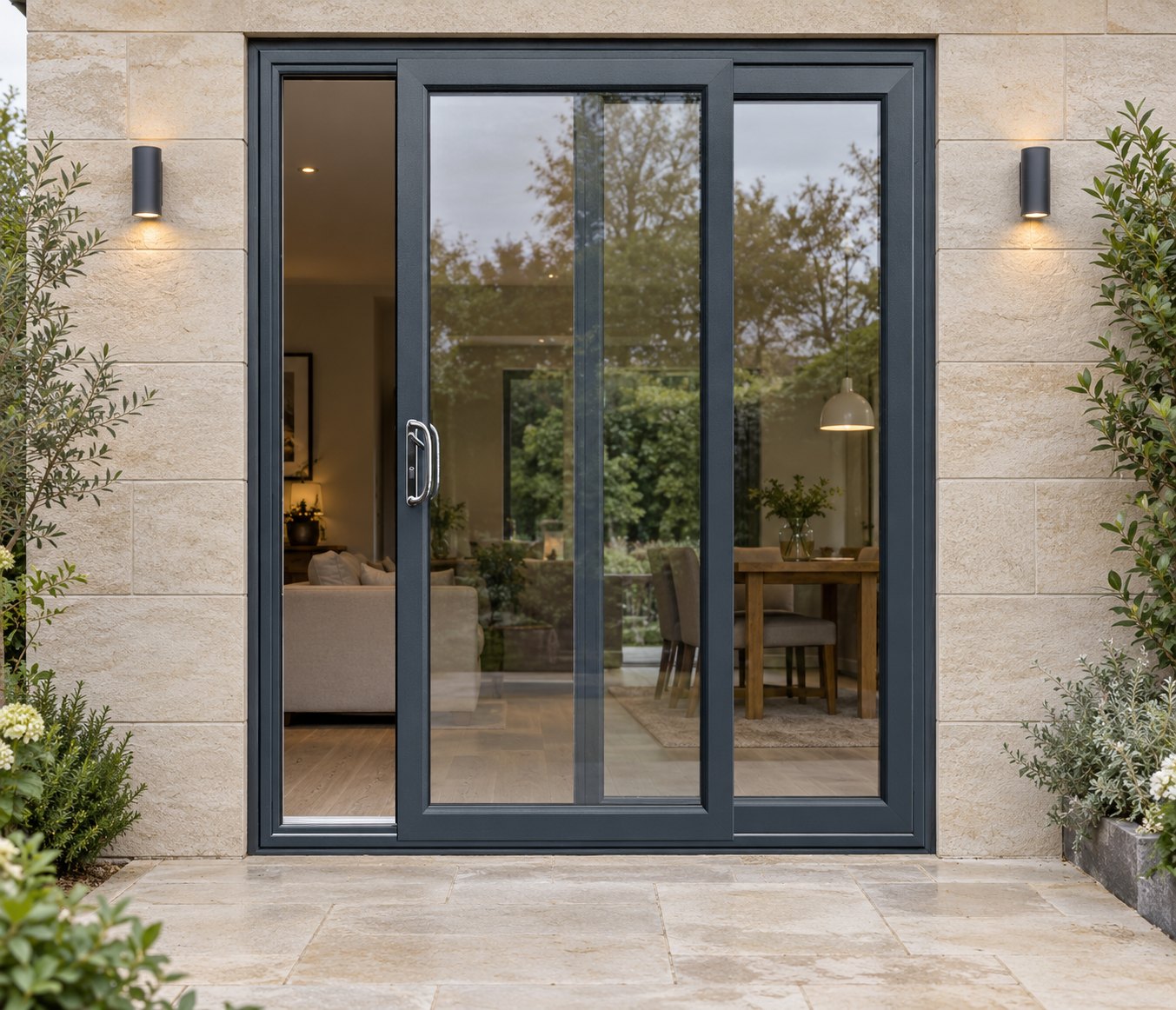 Anthracite Grey uPVC 2 pane sliding patio door on a house in daylight