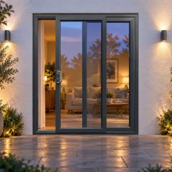 Anthracite Grey uPVC 2 pane sliding patio door lit up in the evening