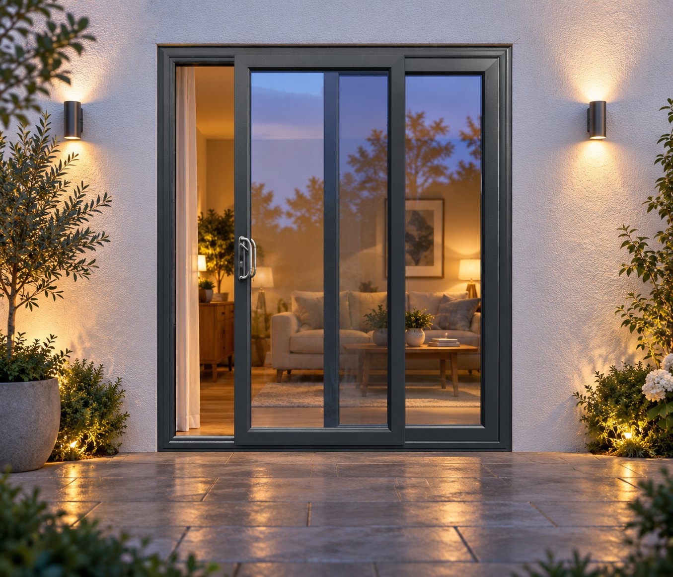 Anthracite Grey uPVC 2 pane sliding patio door lit up in the evening