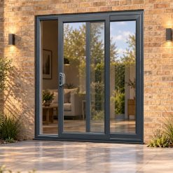 Anthracite Grey uPVC 2 pane sliding patio door opening onto a garden patio