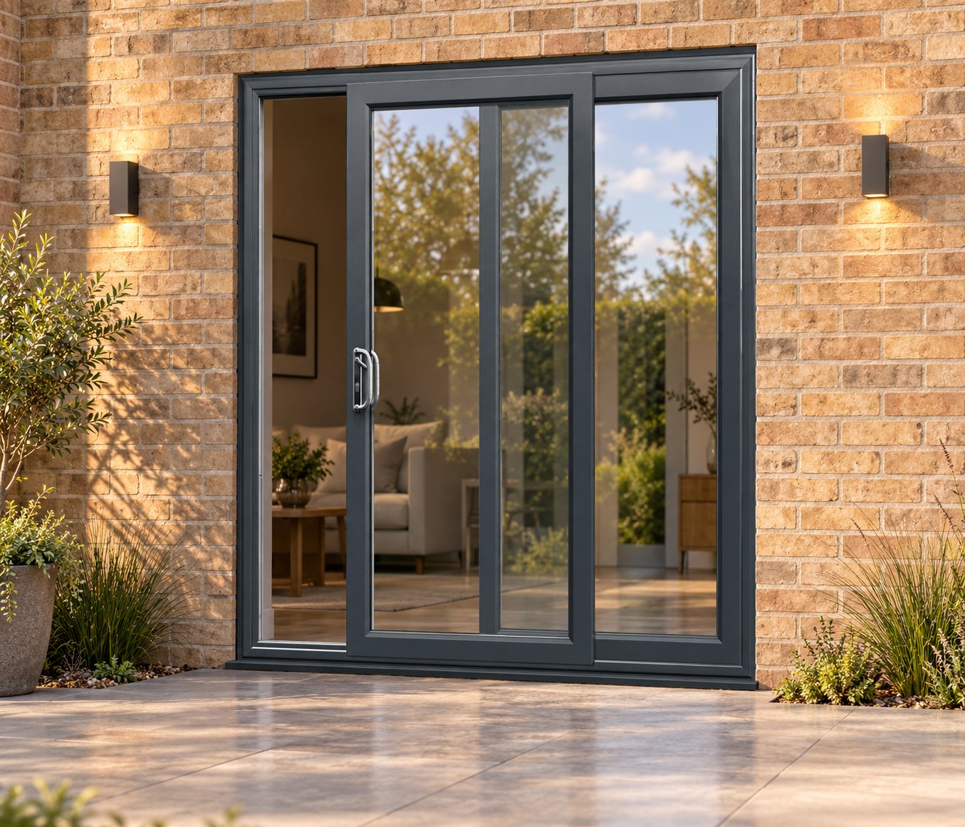 Anthracite Grey uPVC 2 pane sliding patio door opening onto a garden patio