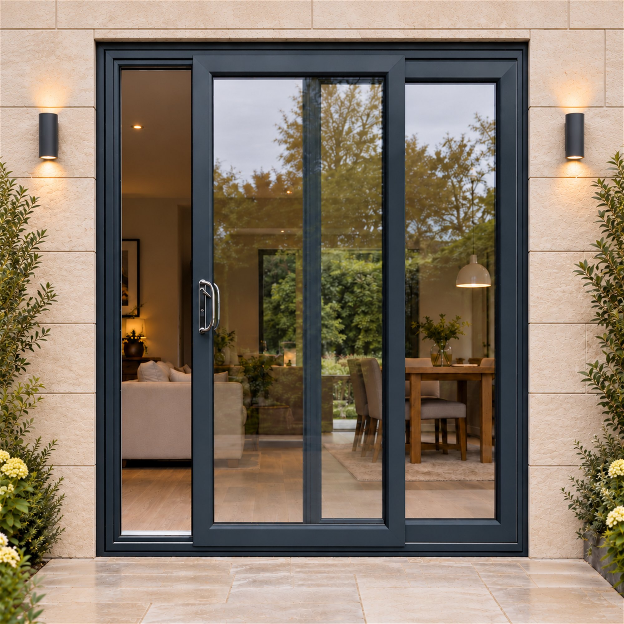 Anthracite Grey uPVC 2 pane sliding patio door fitted to the back of a house