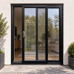 Black uPVC 2 pane sliding patio door fitted to the back of a house