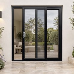 Black uPVC 2 pane sliding patio door on a house in daylight
