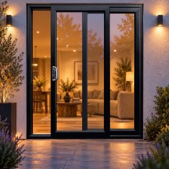 Black uPVC 2 pane sliding patio door lit up in the evening