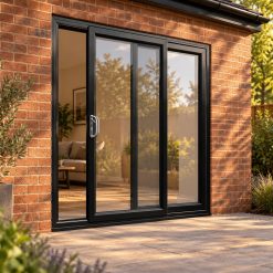 Black uPVC 2 pane sliding patio door opening onto a garden patio