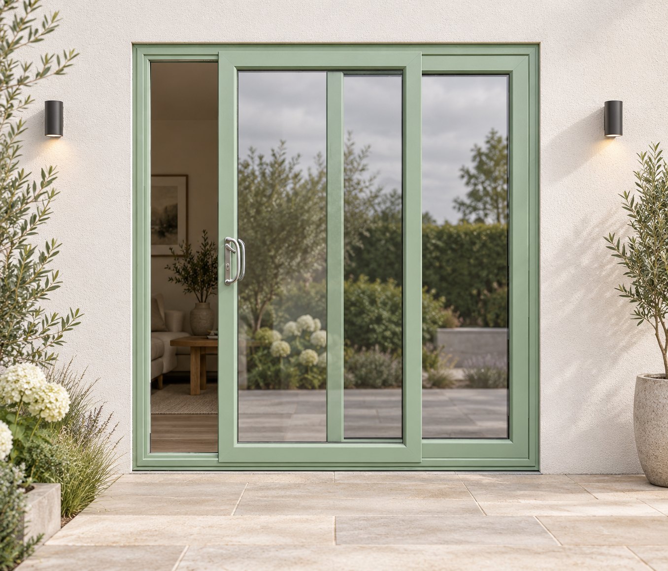 Chartwell Green uPVC 2 pane sliding patio door on a house in daylight