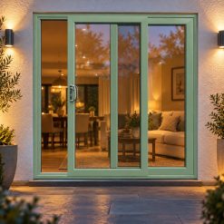 Chartwell Green uPVC 2 pane sliding patio door lit up in the evening