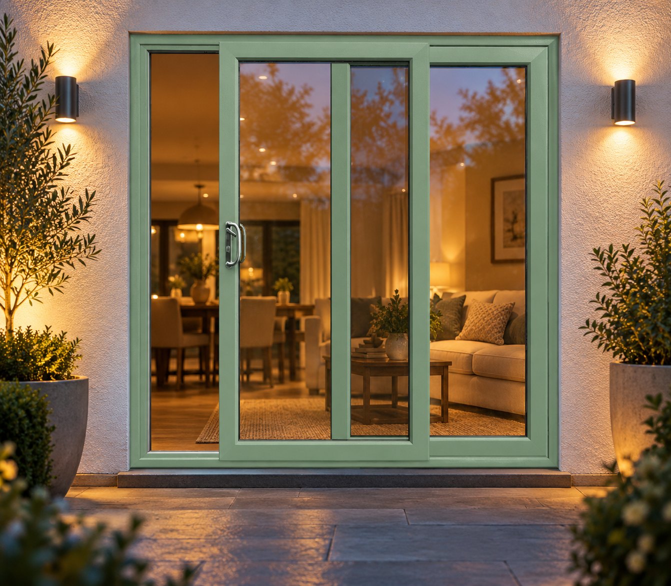 Chartwell Green uPVC 2 pane sliding patio door lit up in the evening