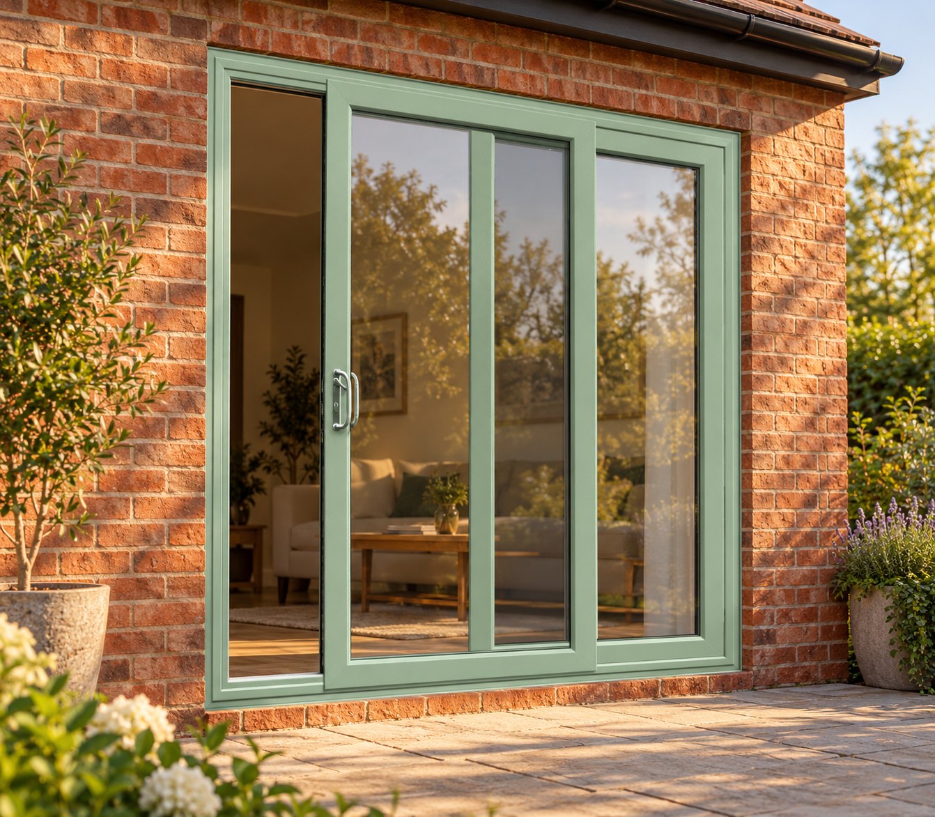 Chartwell Green uPVC 2 pane sliding patio door opening onto a garden patio