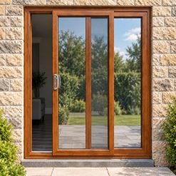 Golden Oak uPVC 2 pane sliding patio door fitted to the back of a house