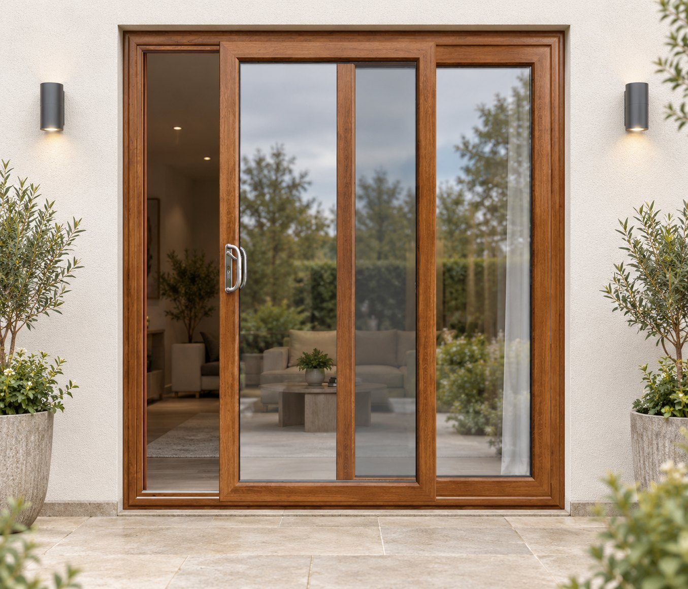 Golden Oak uPVC 2 pane sliding patio door on a house in daylight