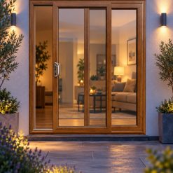 Golden Oak uPVC 2 pane sliding patio door lit up in the evening