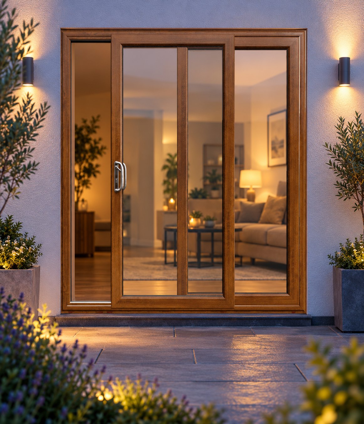 Golden Oak uPVC 2 pane sliding patio door lit up in the evening