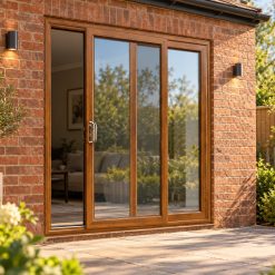 Golden Oak uPVC 2 pane sliding patio door opening onto a garden patio
