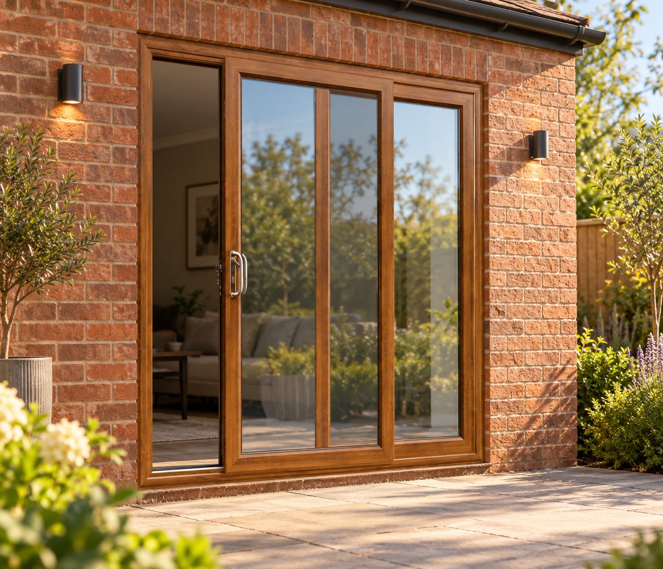 Golden Oak uPVC 2 pane sliding patio door opening onto a garden patio