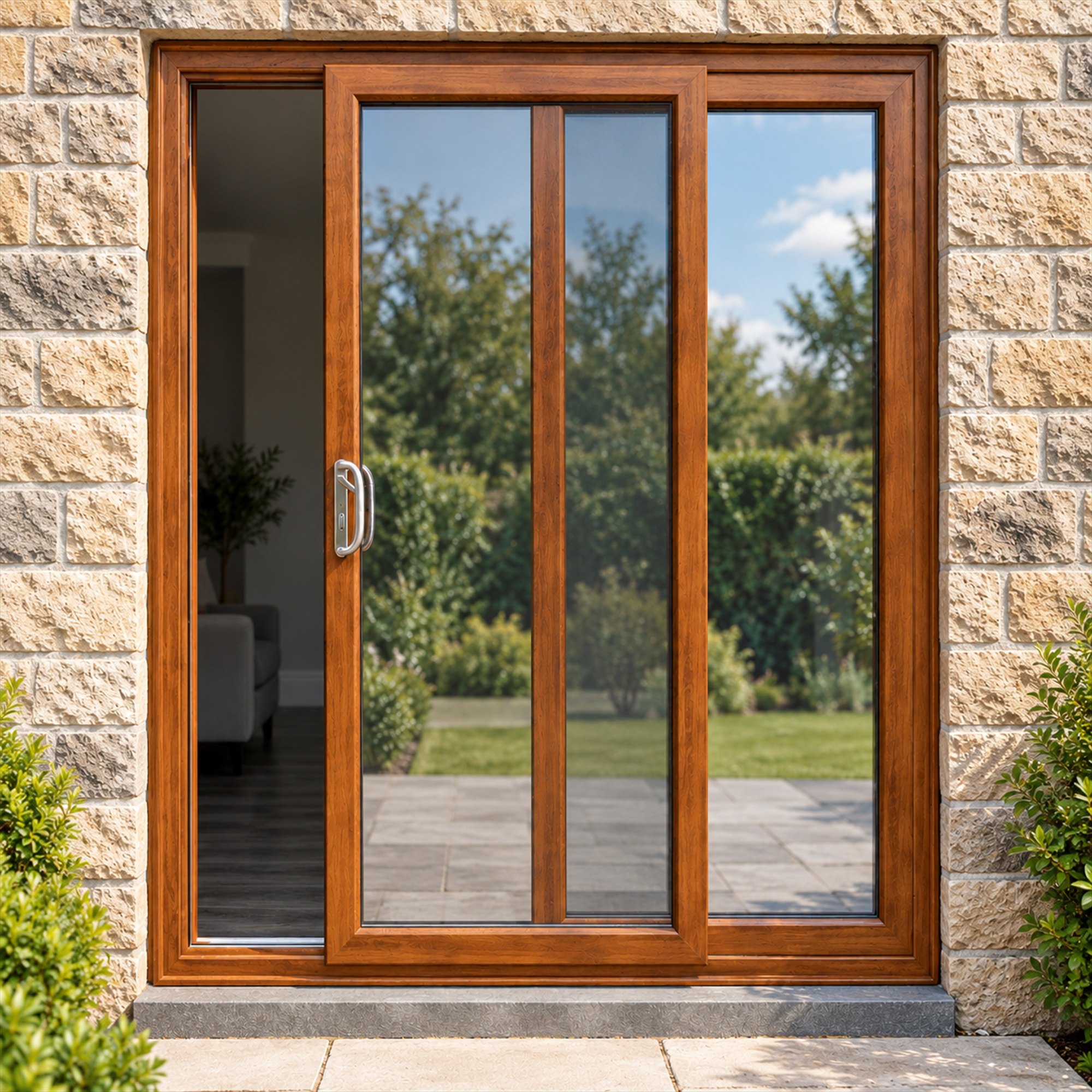 Golden Oak uPVC 2 pane sliding patio door fitted to the back of a house