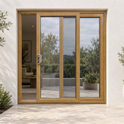 Irish Oak uPVC 2 pane sliding patio door on a house in daylight