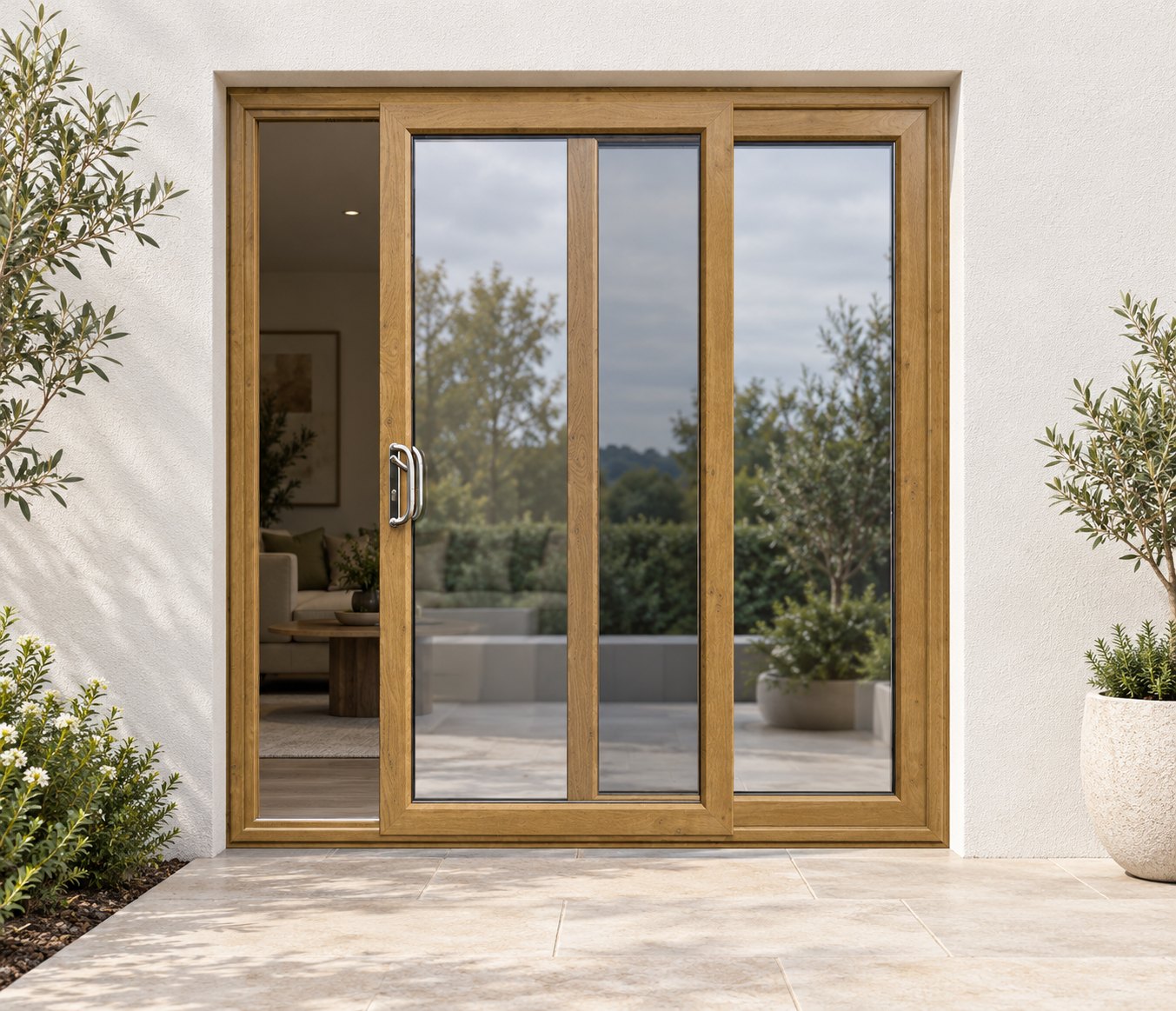 Irish Oak uPVC 2 pane sliding patio door on a house in daylight