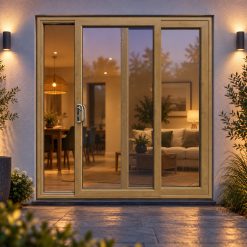 Irish Oak uPVC 2 pane sliding patio door lit up in the evening