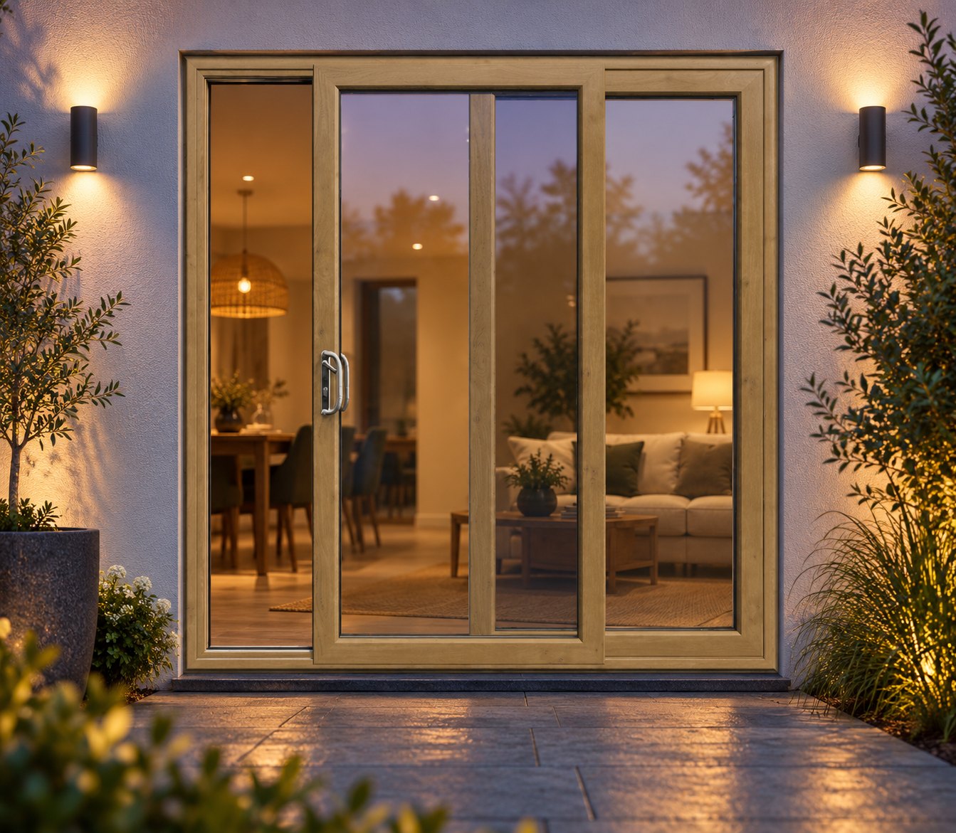 Irish Oak uPVC 2 pane sliding patio door lit up in the evening