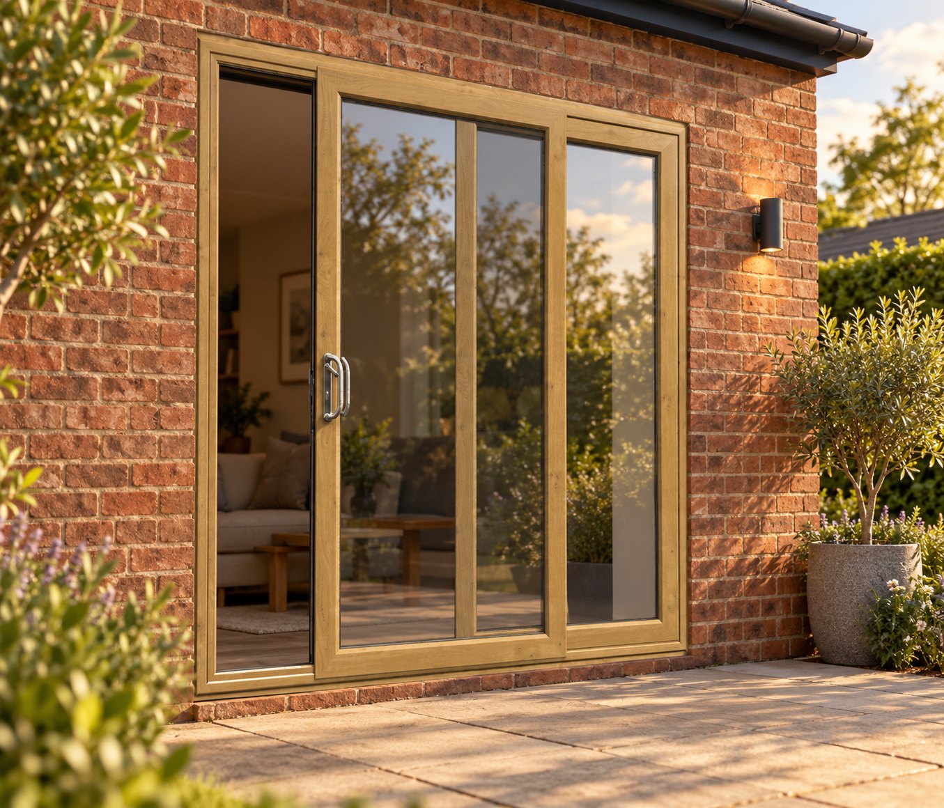 Irish Oak uPVC 2 pane sliding patio door opening onto a garden patio