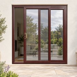 Rosewood uPVC 2 pane sliding patio door on a house in daylight