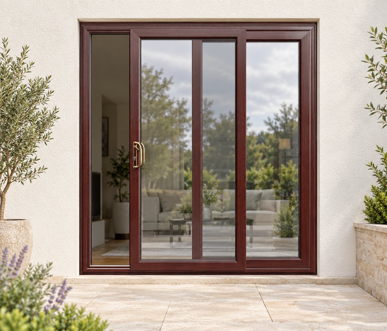 Rosewood uPVC 2 pane sliding patio door on a house in daylight