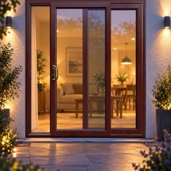 Rosewood uPVC 2 pane sliding patio door lit up in the evening