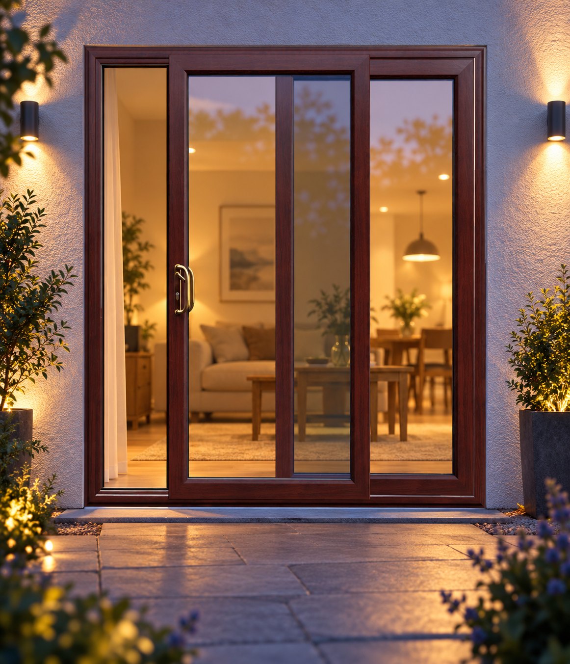 Rosewood uPVC 2 pane sliding patio door lit up in the evening