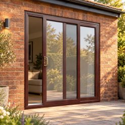 Rosewood uPVC 2 pane sliding patio door opening onto a garden patio