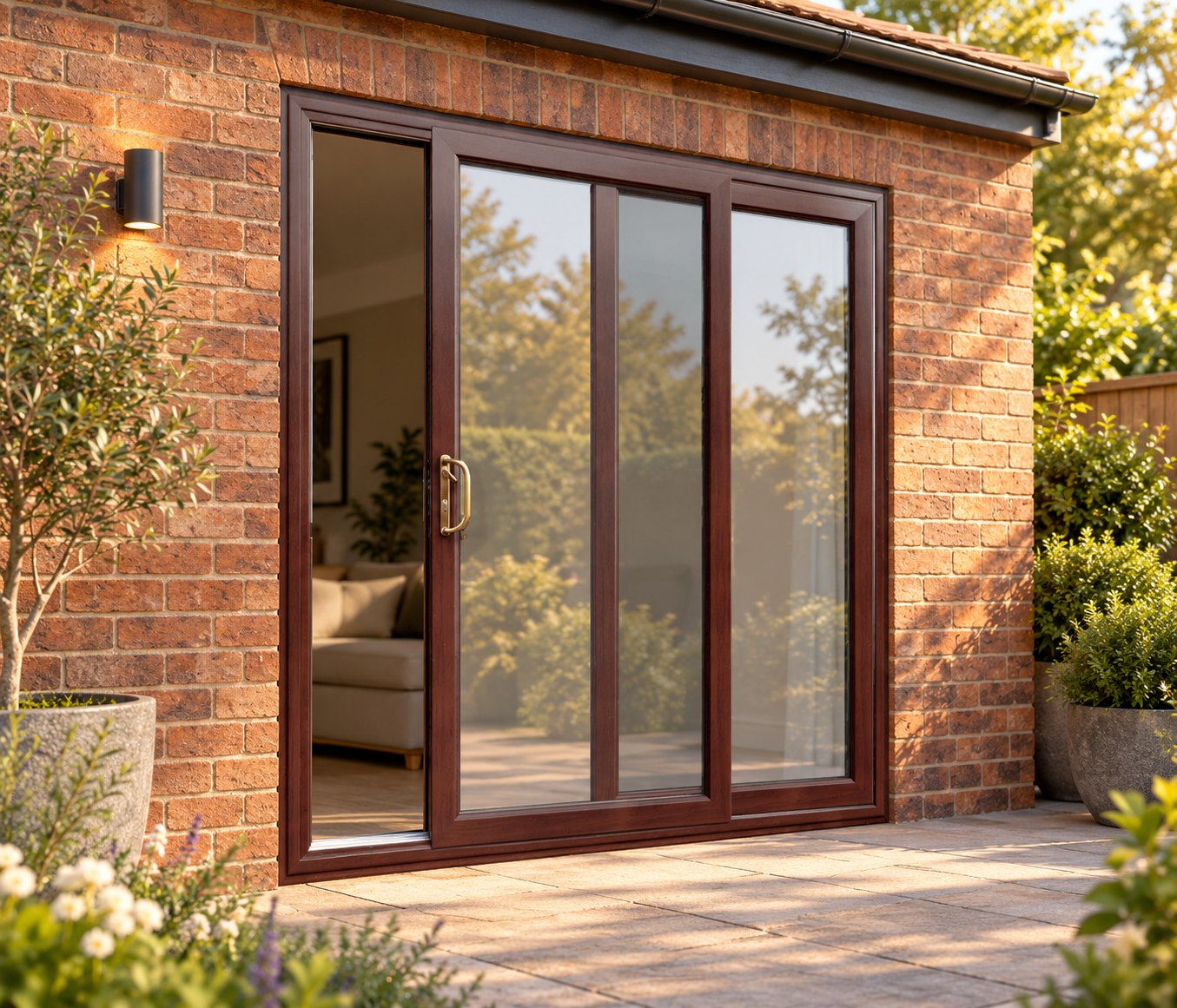 Rosewood uPVC 2 pane sliding patio door opening onto a garden patio