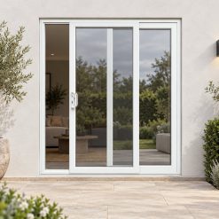 White uPVC 2 pane sliding patio door on a house in daylight