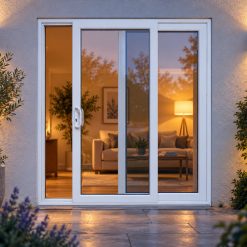 White uPVC 2 pane sliding patio door lit up in the evening